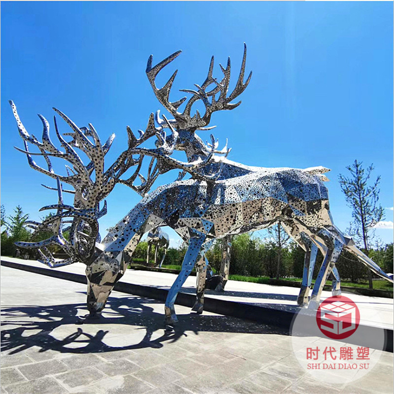 不銹鋼雕塑定制大型金屬園林地產(chǎn)鏡面鯨魚浪花圓環(huán)鹿景觀水景地標(biāo)