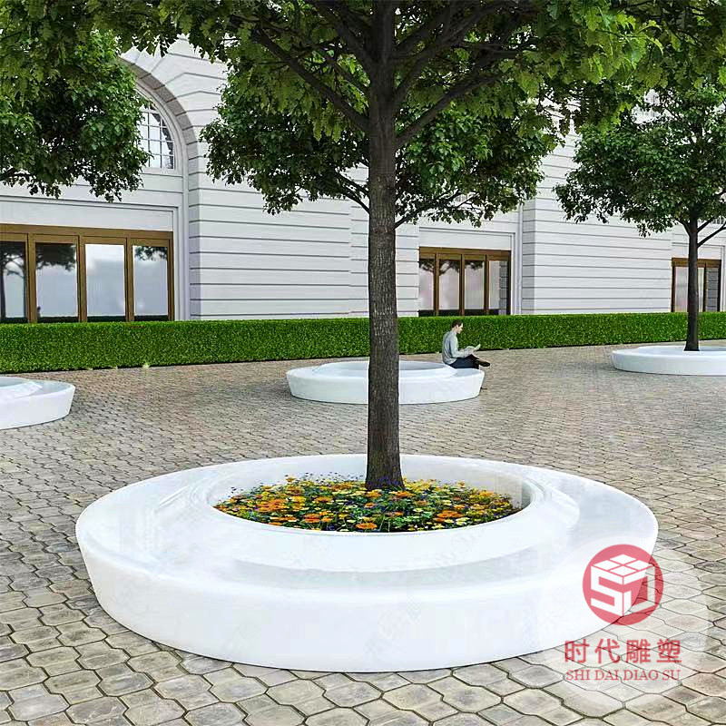 圓形玻璃鋼樹池坐凳商場公共區(qū)域花盆組合座椅木紋面花壇休閑坐凳